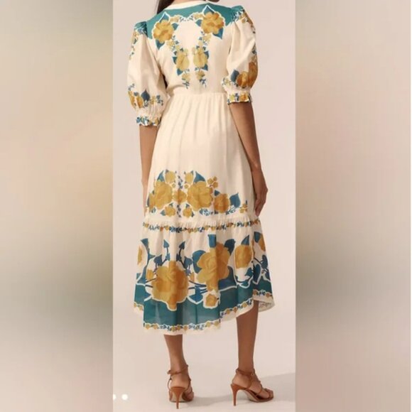 Farm Rio x Anthropologie Floral Print Midi Dress Button Front Yellow size M - Picture 3 of 9